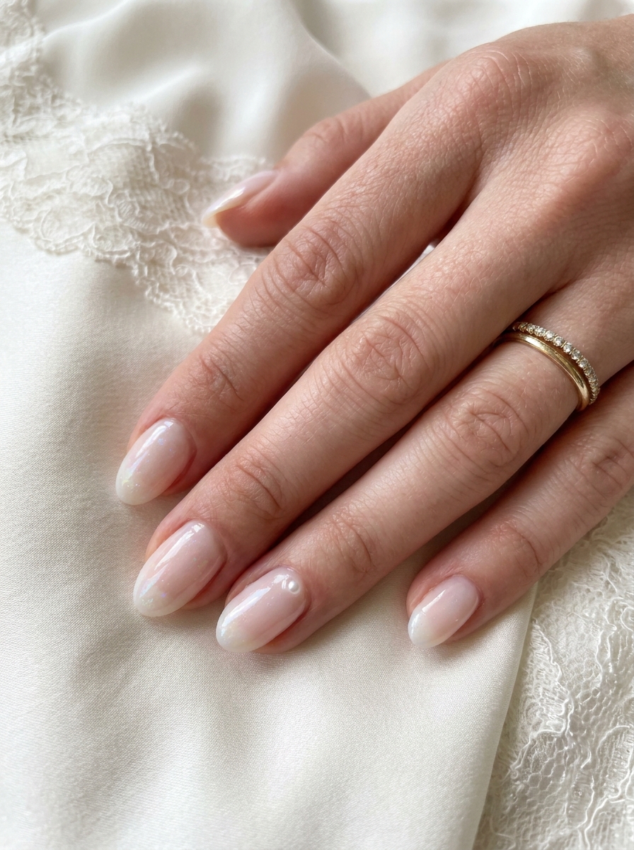 Hochzeit Opal Nägel mit milchiger Base und romantischem Pearl-Schimmer